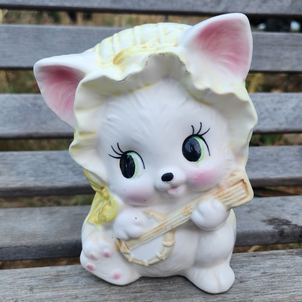 Vintage Napco Ceramic Kitten with Yellow Bonnet